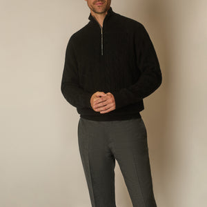 Cable Knit Quarter Zip Jumper in Wool & Cashmere - Black | Andrea Kosta
