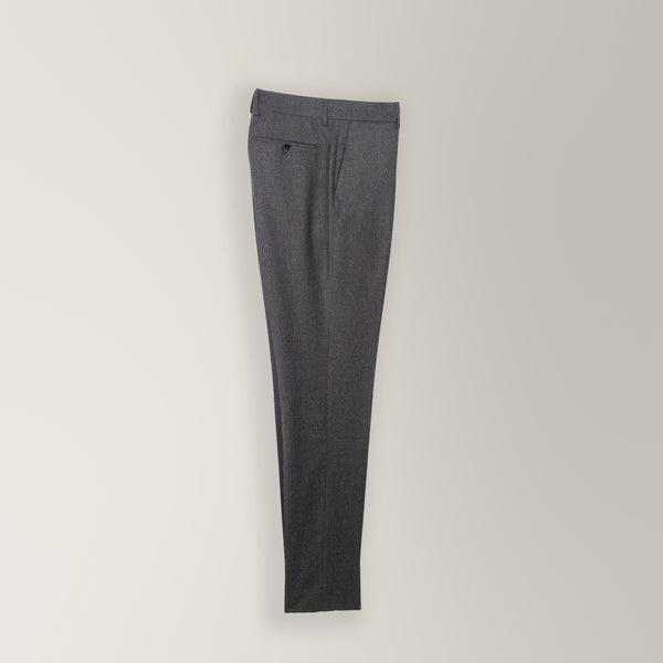 Italian-made charcoal flannel trouser in 100% wool with a flat front and tapered leg.