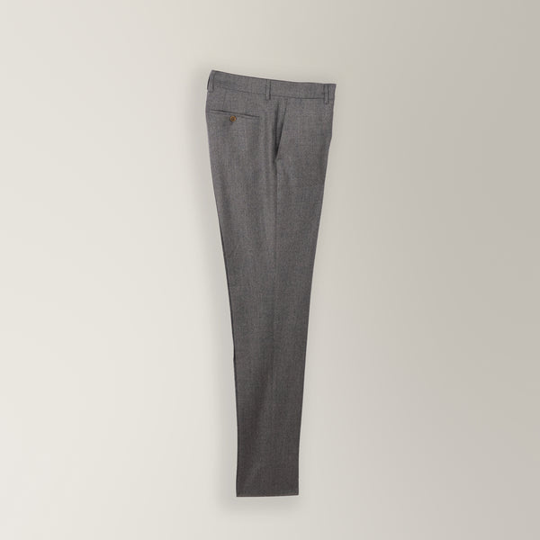 Italian-made mid grey flannel trouser in 100% wool with a flat front and tapered leg.
