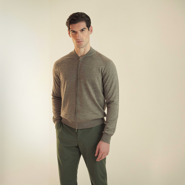 Full Zip Cardigan with Baseball Collar -in 100% Wool - Taupe | Andrea Kosta