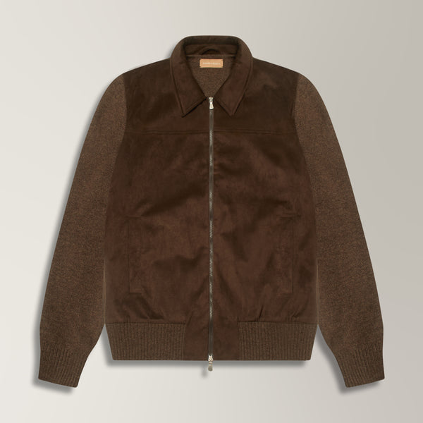 Gea Full Zip Bomber in Alcantara & Wool - Brown | Andrea Kosta