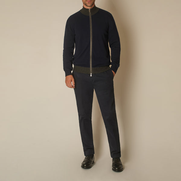 Lira Full Zip Cardigan in Wool & Cashmere - Navy & Grey | Andrea Kosta