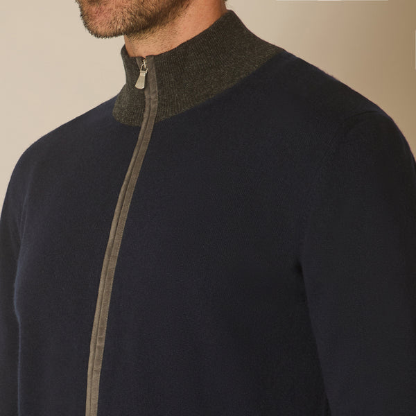 Lira Full Zip Cardigan in Wool & Cashmere - Navy & Grey | Andrea Kosta