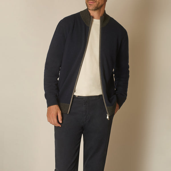 Lira Full Zip Cardigan in Wool & Cashmere - Navy & Grey | Andrea Kosta