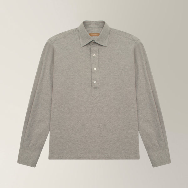Long Sleeve Polo Shirt with Semi Cut Away Collar in Pique - Light Grey