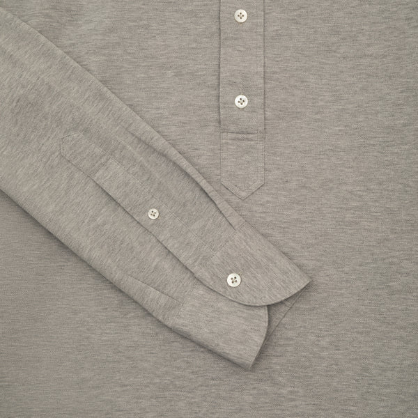 Long Sleeve Polo Shirt with Semi Cut Away Collar in Pique - Light Grey