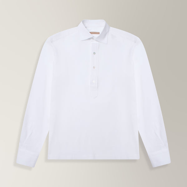 Long Sleeve Polo Shirt with Semi Cut Away Collar in Pique - White | Andrea Kosta