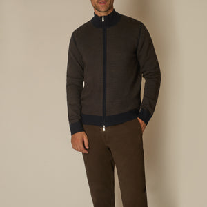 Paro Full Zip Cardigan in Virgin Wool - Navy & Brown | Andrea Kosta