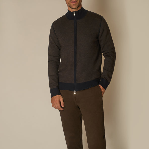 Paro Full Zip Cardigan in Virgin Wool - Navy & Brown | Andrea Kosta