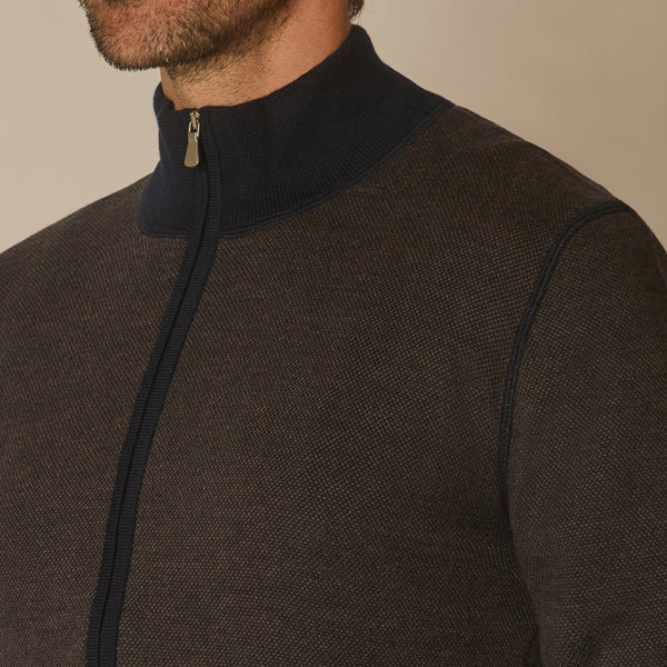Paro Full Zip Cardigan in Virgin Wool - Navy & Brown | Andrea Kosta