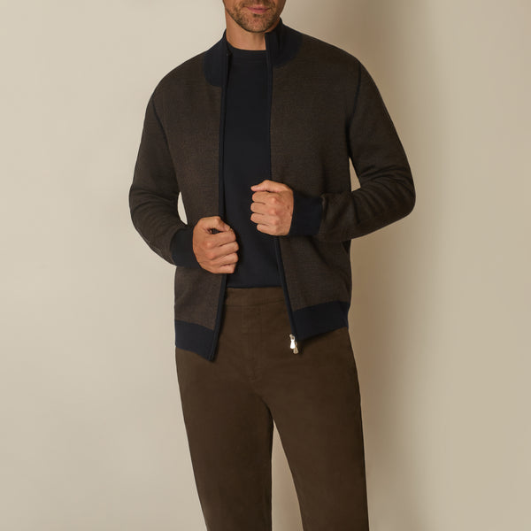 Paro Full Zip Cardigan in Virgin Wool - Navy & Brown | Andrea Kosta