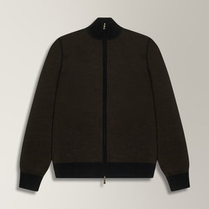 Paro Full Zip Cardigan in Virgin Wool - Navy & Brown | Andrea Kosta