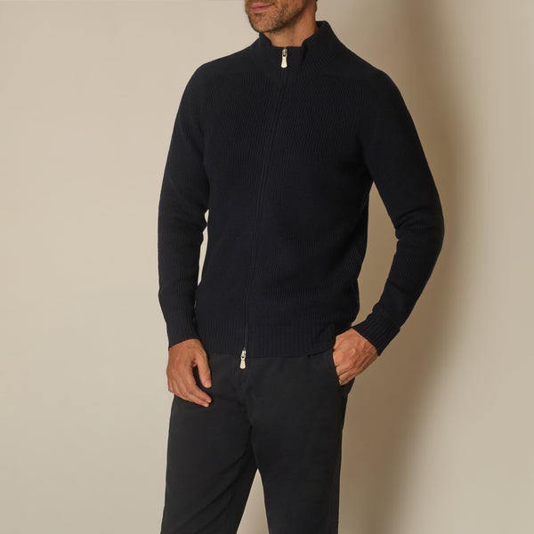 Thyra Full Zip Cardigan in Virgin Wool - Navy | Andrea Kosta