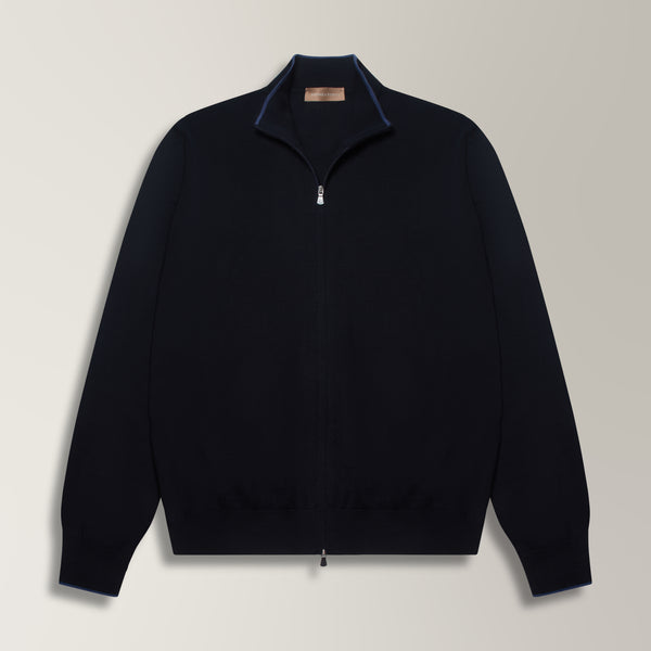 Zip-Through Cardigan in Silk & Cotton - Navy | Andrea Kosta