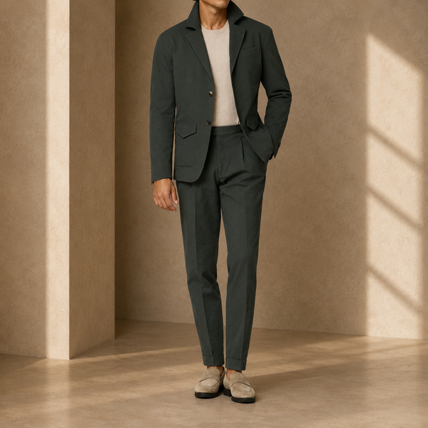 Army Green Seersucker Informal Suit