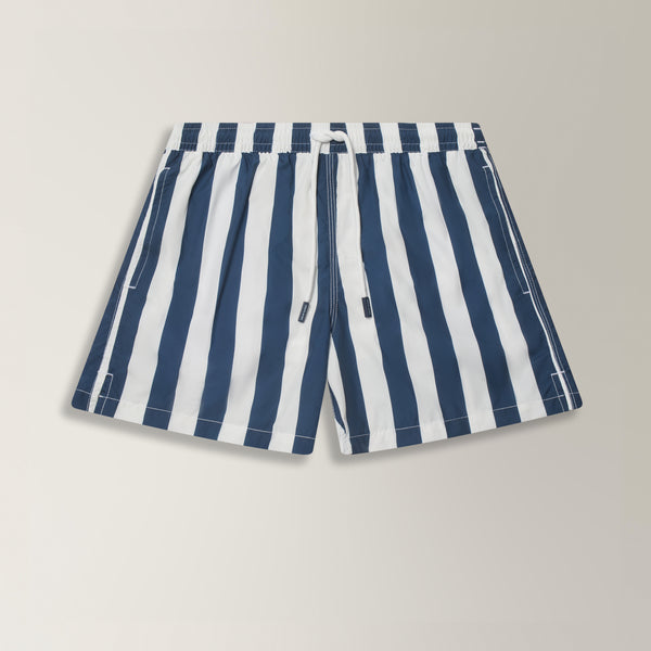 Bold Stripe Swim Shorts in Polyester - Navy/ White | Andrea Kosta