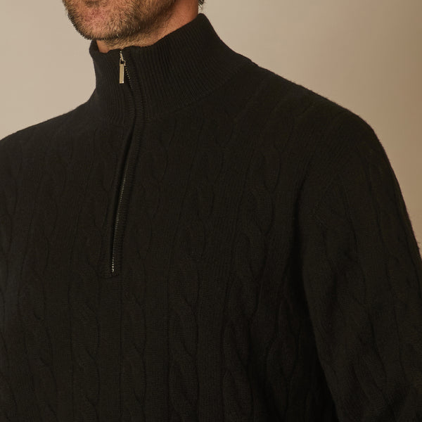 Cable Knit Quarter Zip Jumper in Wool & Cashmere - Black | Andrea Kosta