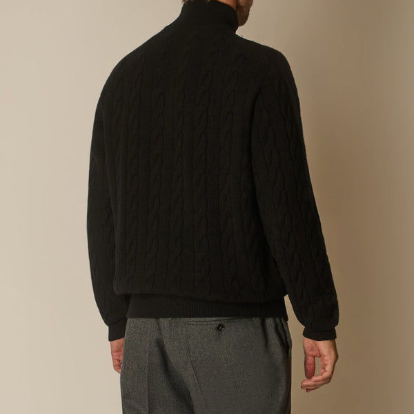 Cable Knit Quarter Zip Jumper in Wool & Cashmere - Black | Andrea Kosta