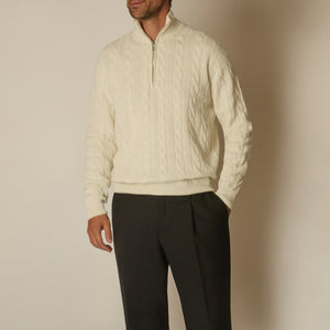 Cable Knit Quarter Zip Jumper in Wool & Cashmere - Off White | Andrea Kosta
