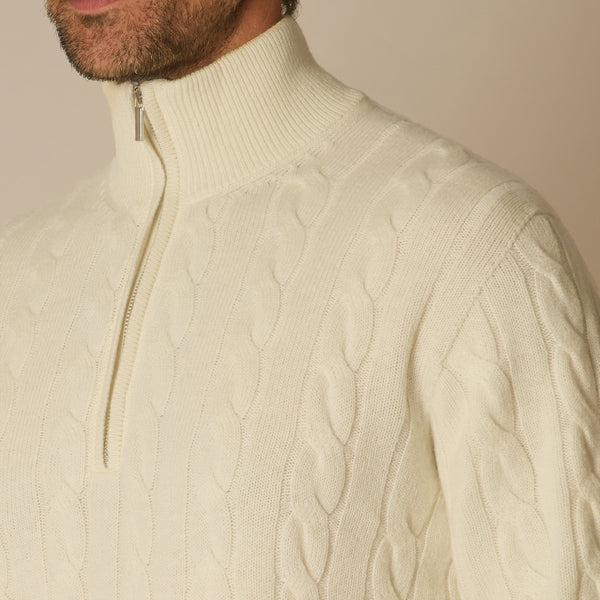 Cable Knit Quarter Zip Jumper in Wool & Cashmere - Off White | Andrea Kosta