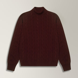 Cable Roll Neck Jumper in Wool & Cashmere - Burgundy | Andrea Kosta