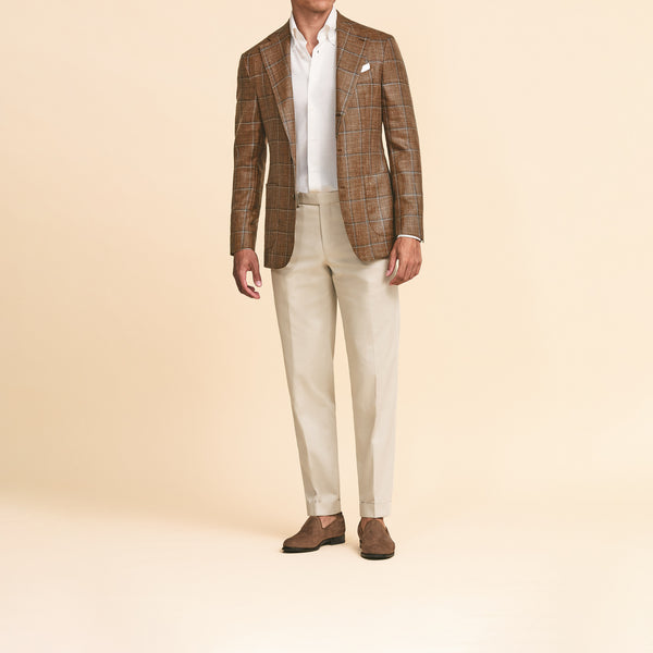 Chestnut Brown Wool-Silk-Linen with Light Grey Windowpane Jacket | Andrea Kosta