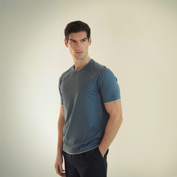 Contrast Collar & Sleeves T-shirt in Cotton - Slate Blue | Andrea Kosta