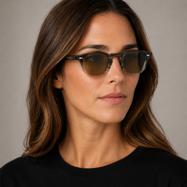 Cord Ash square sunglasses with mirror green lenses worn by female model in her 30s, close-up studio portrait styled with a black T-shirt, highlighting the ash grey eco-acetate frame and clean, modern silhouette.