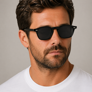 Cord Eco Black Grey square sunglasses with dark lenses worn by male model in his 30s, close-up studio portrait styled with white cotton T-shirt.