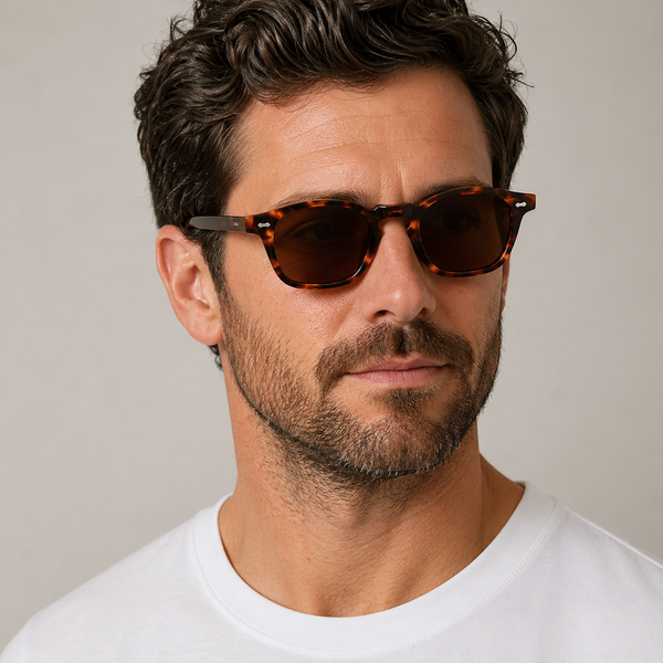 Cord Eco Spotted Havana square sunglasses with brown lenses worn by male model in his 30s, close-up studio portrait styled with white cotton T-shirt.