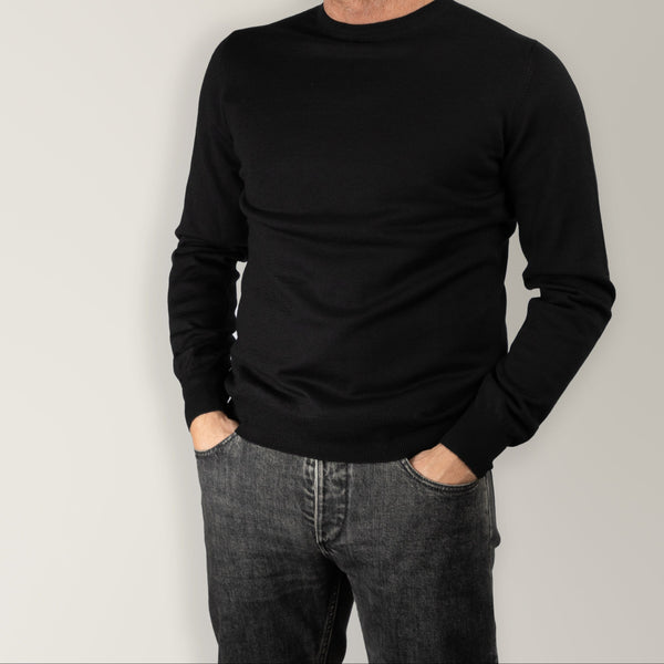 Crew Neck Jumper in Merino Wool - Black | Andrea Kosta