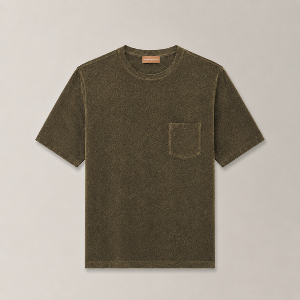 Khaki towel t-shirt, made in Italy from 100% cotton. Luxuriously soft and absorbent.
