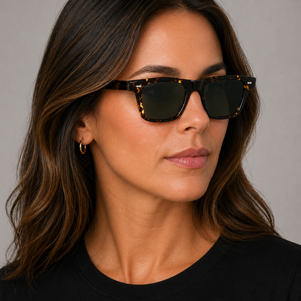Denim Eco Dark Havana square sunglasses with bottle green lenses worn by female model in her 30s, close-up studio portrait styled with a black T-shirt, highlighting the structured eco-acetate frame and defined, modern profile.