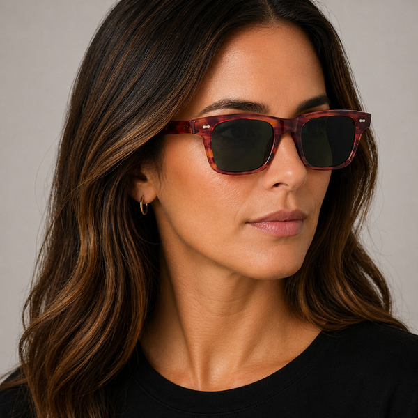Denim Eco Havana square sunglasses with bottle green lenses worn by female model in her 30s, close-up studio portrait styled with a black T-shirt, highlighting the rich havana eco-acetate frame and clean, stru