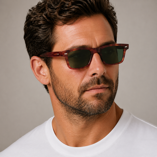 Denim Eco Havana square sunglasses with bottle green lenses worn by male model in his 30s, close-up studio portrait styled with white cotton T-shirt.