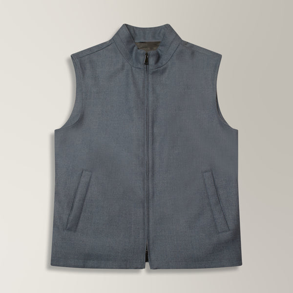 Double Zip Gilet in Twill Wool - Storm Blue | Andrea Kosta