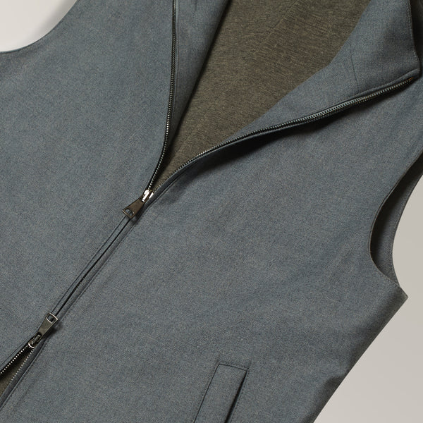 Double Zip Gilet in Twill Wool - Storm Blue | Andrea Kosta