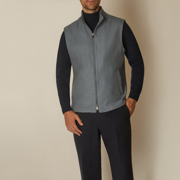 Double Zip Gilet in Twill Wool - Storm Blue | Andrea Kosta