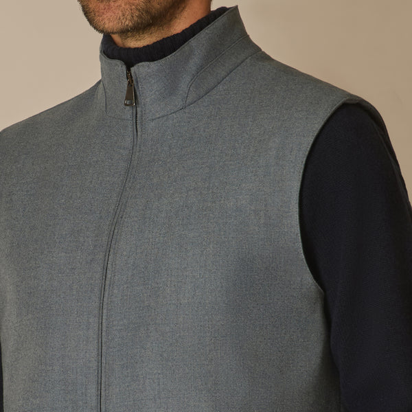 Double Zip Gilet in Twill Wool - Storm Blue | Andrea Kosta