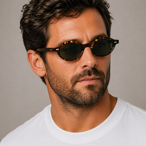 Ellipse Eco Spotted Havana sunglasses with green lenses worn on male model, oval bio acetate frame made in Italy.