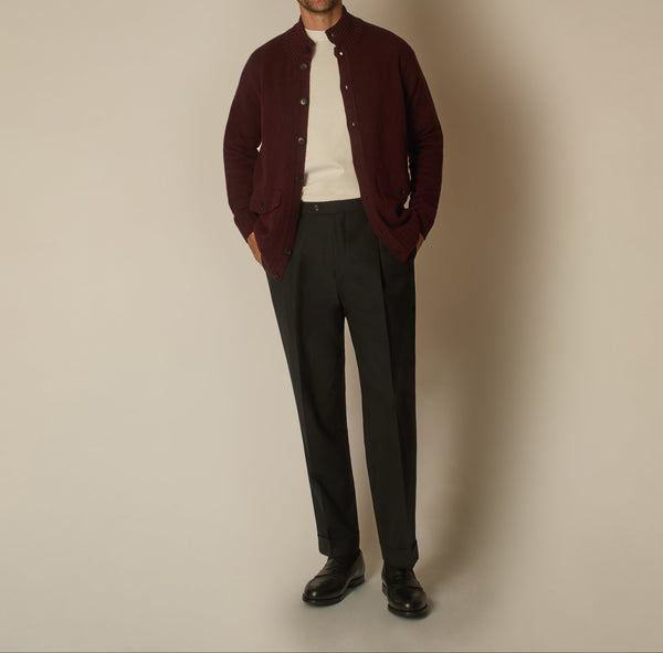 Full Button Bomber in Wool & Cashmere - Burgundy | Andrea Kosta