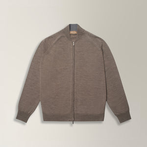 Full Zip Cardigan with Baseball Collar -in 100% Wool - Taupe | Andrea Kosta