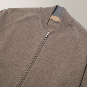 Full Zip Cardigan with Baseball Collar -in 100% Wool - Taupe | Andrea Kosta
