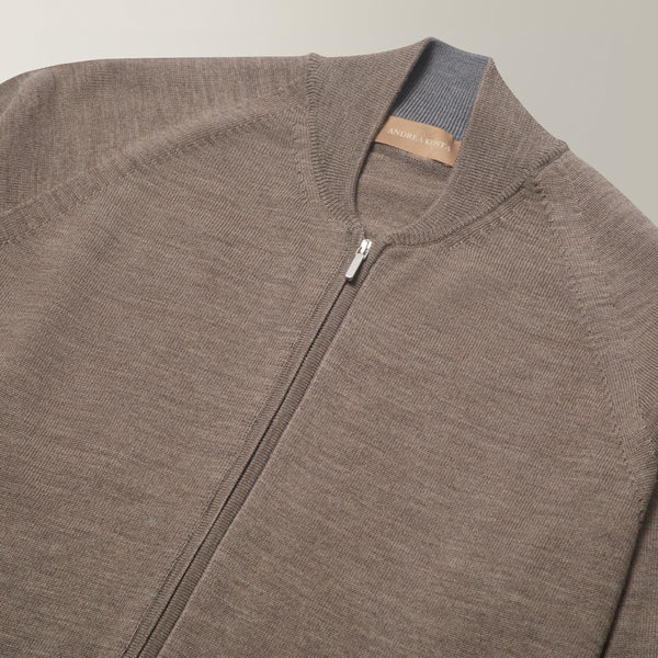 Full Zip Cardigan with Baseball Collar -in 100% Wool - Taupe | Andrea Kosta