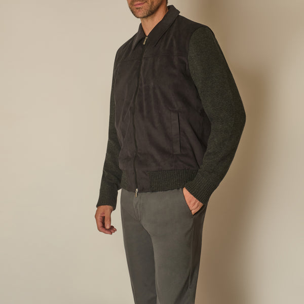 Gea Full Zip Bomber in Alcantara and Wool - Black | Andrea Kosta