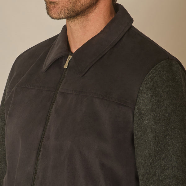 Gea Full Zip Bomber in Alcantara and Wool - Black | Andrea Kosta
