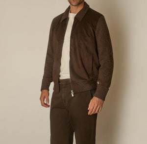 Gea Full Zip Bomber in Alcantara & Wool - Brown | Andrea Kosta