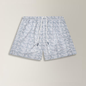 Houndstooth Print Swim Shorts in Polyester - White/ Navy | Andrea Kosta