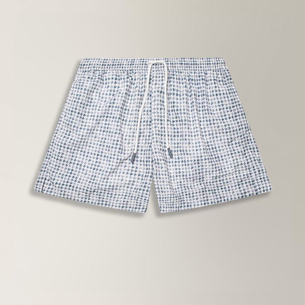 Houndstooth Print Swim Shorts in Polyester - White/ Navy | Andrea Kosta