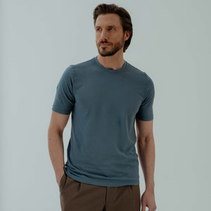 Crew Neck T-shirt in Ice Cotton - Blue | Andrea Kosta 